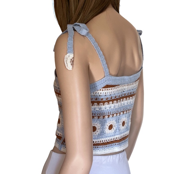 ALTAR'D STATE Crochet Knit Crop Top Floral Tie Straps Shirt Strappy Sky Blue - Picture 5 of 15